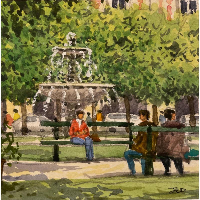 Peinture Paris, Fontaine Place des Vosges par Decoudun Jean charles | Tableau Figuratif Urbain Aquarelle