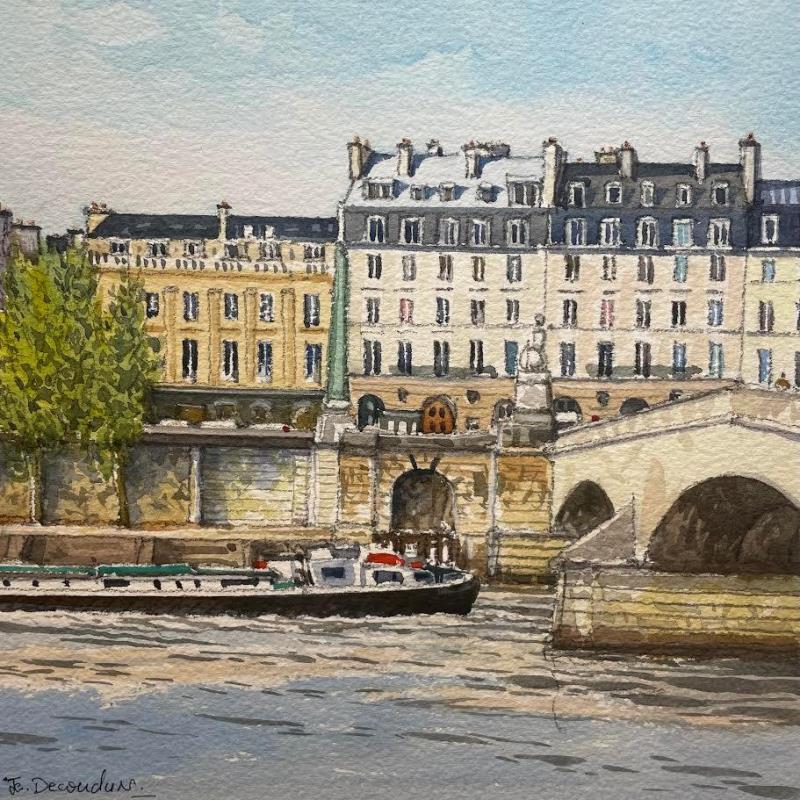 Peinture Paris, Péniches sur la Seine par Decoudun Jean charles | Tableau Figuratif Urbain Aquarelle
