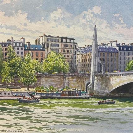Gemälde Paris, Bateaux quai de la Tournelle von Decoudun Jean charles | Gemälde Figurativ Aquarell Urban