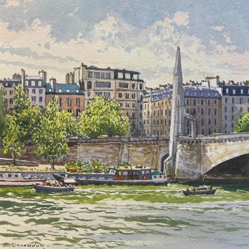 Peinture Paris, Bateaux quai de la Tournelle par Decoudun Jean charles | Tableau Figuratif Aquarelle Urbain