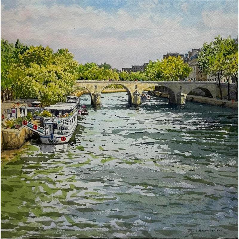 Peinture Paris, Le pont Marie et l'Île Saint-Louis par Decoudun Jean charles | Tableau Figuratif Urbain Aquarelle