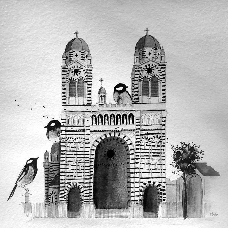 Painting Dimanche by Mü | Painting Figurative Animals Architecture Black & White Ink