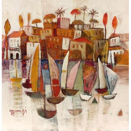 Peinture Village or et bateaux AM27 par Burgi Roger | Tableau Figuratif Acrylique Marine