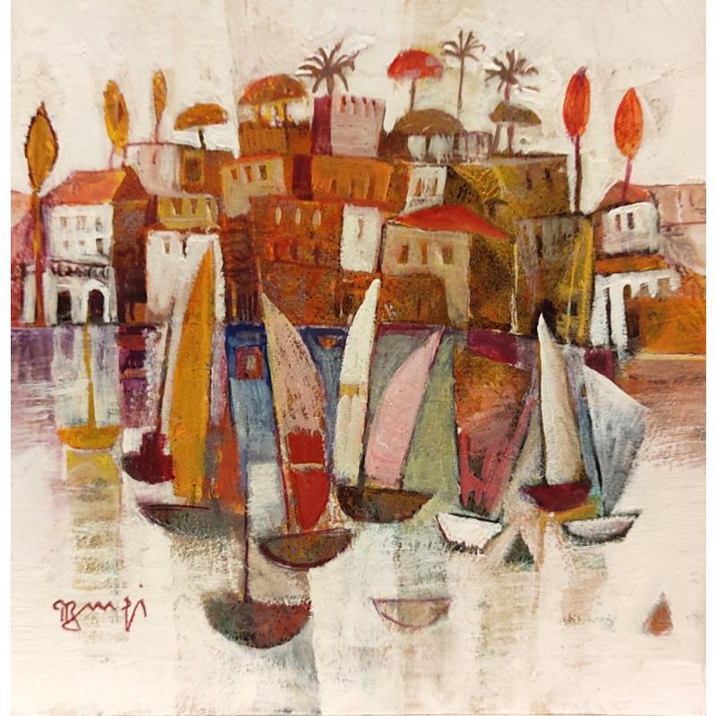 Peinture Village or et bateaux AM27 par Burgi Roger | Tableau Figuratif Marine Acrylique