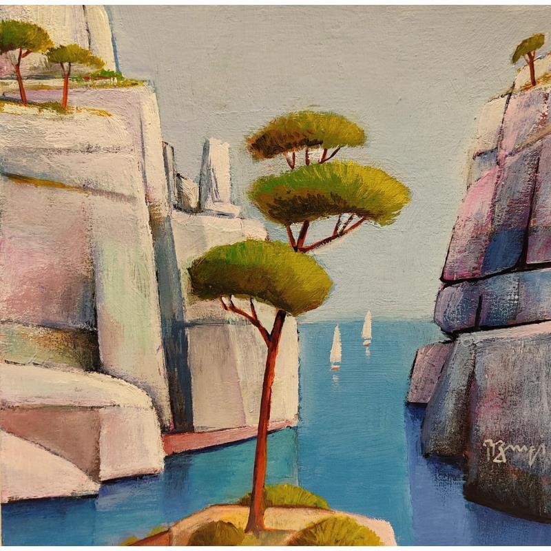 Painting Calanque au grand pin AP18 by Burgi Roger | Painting Figurative Marine Nature Acrylic