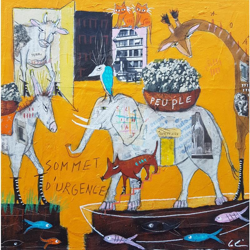 Peinture Sommet d'urgence  par Colin Sylvie | Tableau Art Singulier Animaux Acrylique Collage Pastel