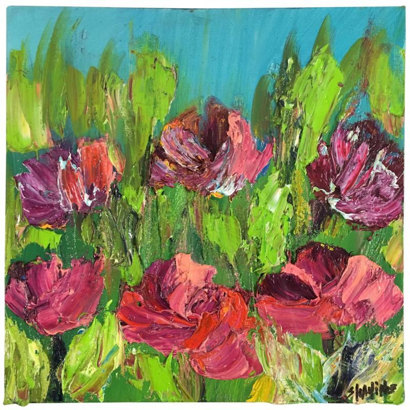 Peinture Pivoine dans un champ  par Shahine | Tableau Figuratif Paysages Huile