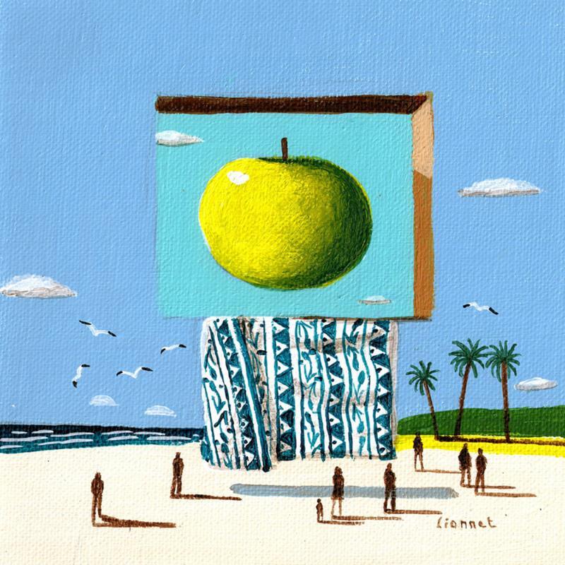 Peinture Pomme sur la plage par Lionnet Pascal | Tableau Surréalisme Marine Scènes de vie Natures mortes Acrylique