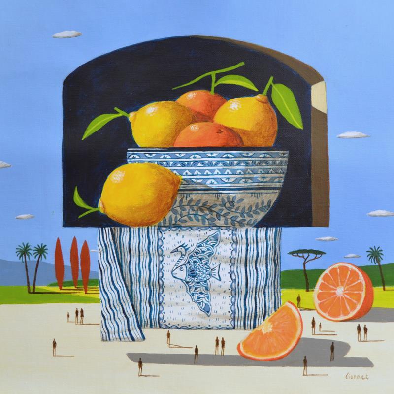 Gemälde Coupe d'oranges et citrons von Lionnet Pascal | Gemälde Surrealismus Landschaften Alltagsszenen Stillleben Acryl