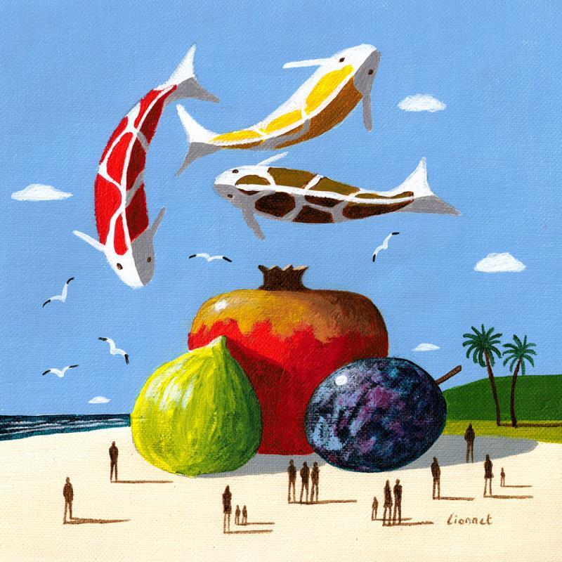 Gemälde Carpes et fruits d'automne von Lionnet Pascal | Gemälde Surrealismus Marine Tiere Stillleben Acryl