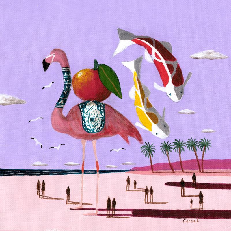 Painting Flamant rose aux carpes by Lionnet Pascal | Painting Surrealism Acrylic Animals, Landscapes, Marine, Pop icons