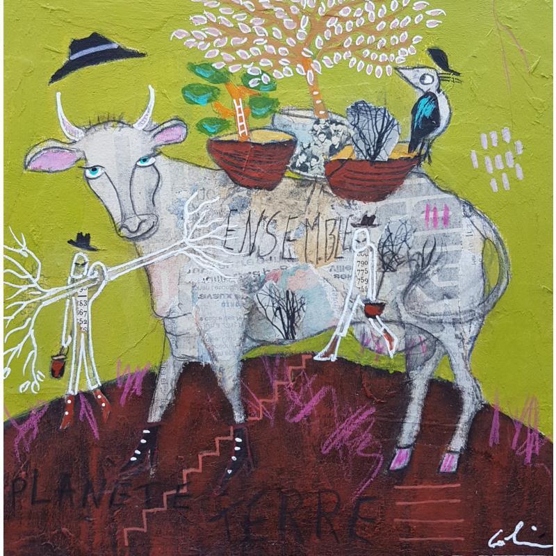 Gemälde Construire ensemble  von Colin Sylvie | Gemälde Art brut Tiere Acryl Collage Pastell