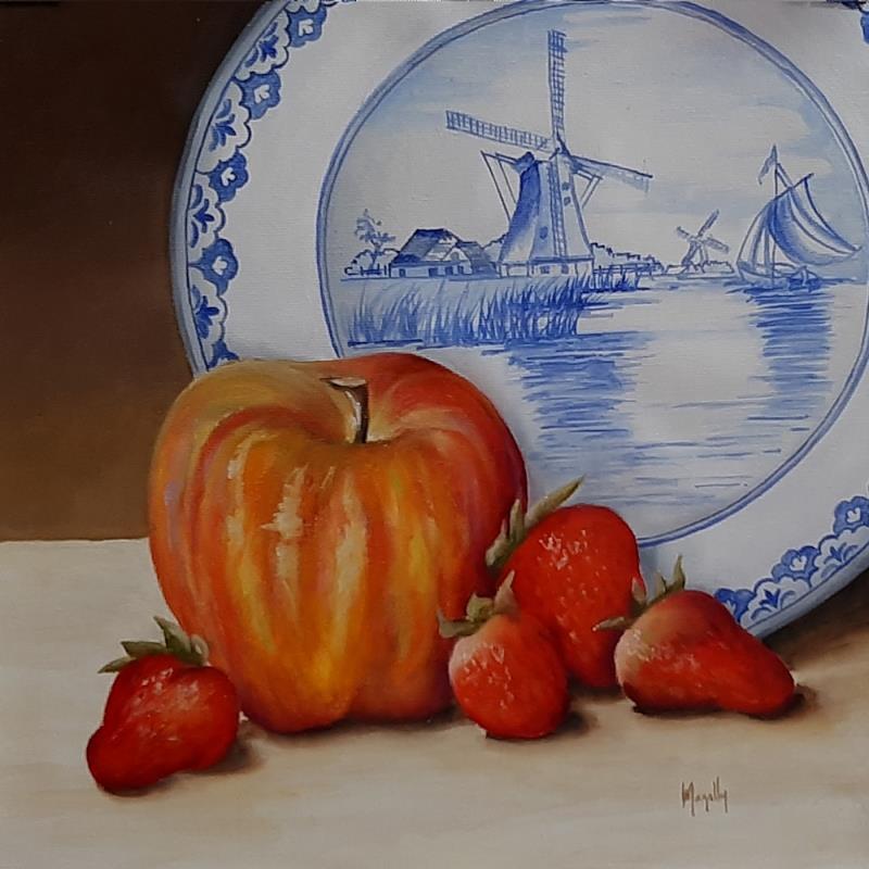 Painting Delft Plate and Fruits IV by Gouveia Magaly  | Painting Figurative Oil Still-life
