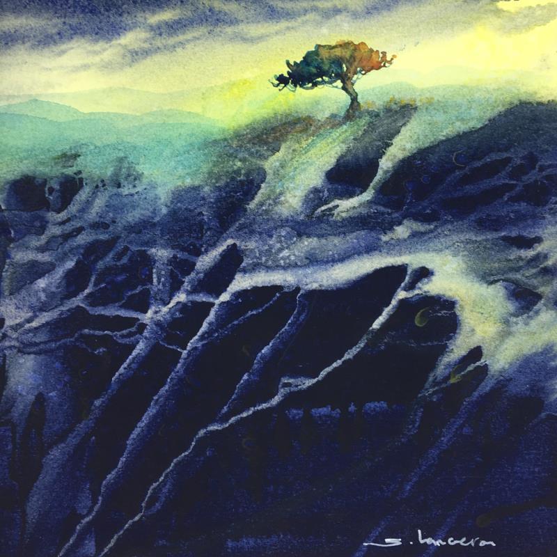 Gemälde Pin dans les collines vertes von Langeron Stéphane | Gemälde Figurativ Landschaften Aquarell
