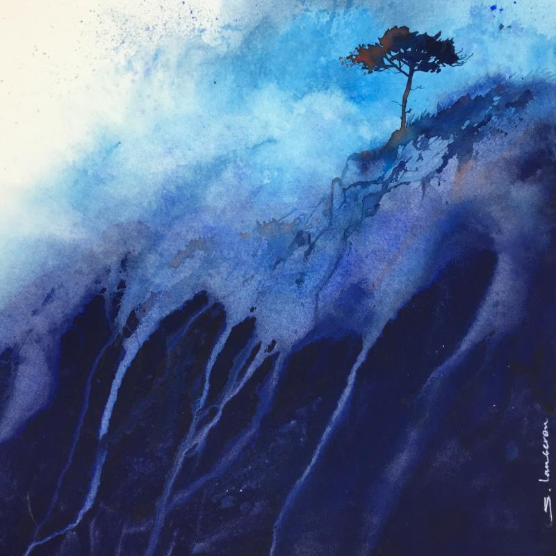 Gemälde Un pin dans la lumière bleutée von Langeron Stéphane | Gemälde Figurativ Landschaften Aquarell
