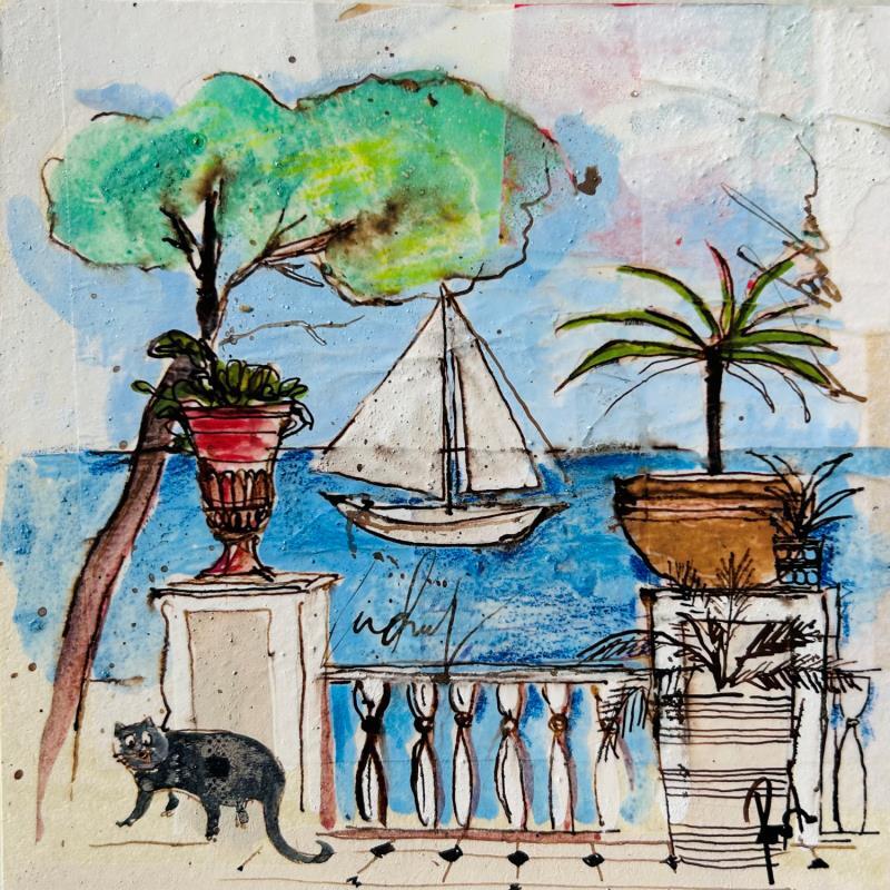 Painting Le chat au balcon by Colombo Cécile | Painting Figurative Acrylic, Gluing, Ink, Pastel, Watercolor Landscapes, Marine, Nature