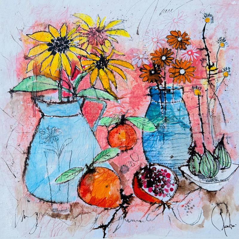 Painting La grenade et les tournesols by Colombo Cécile | Painting Figurative Still-life Watercolor Acrylic Gluing Ink Pastel