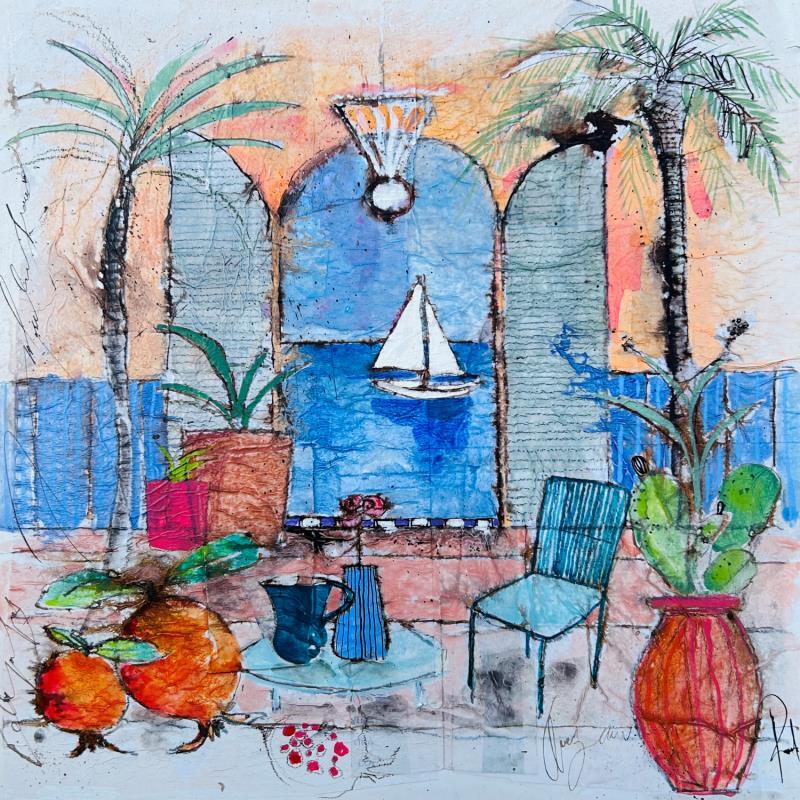 Painting Une ouverture sur la mer by Colombo Cécile | Painting Figurative Acrylic, Gluing, Ink, Pastel, Watercolor Landscapes, Life style