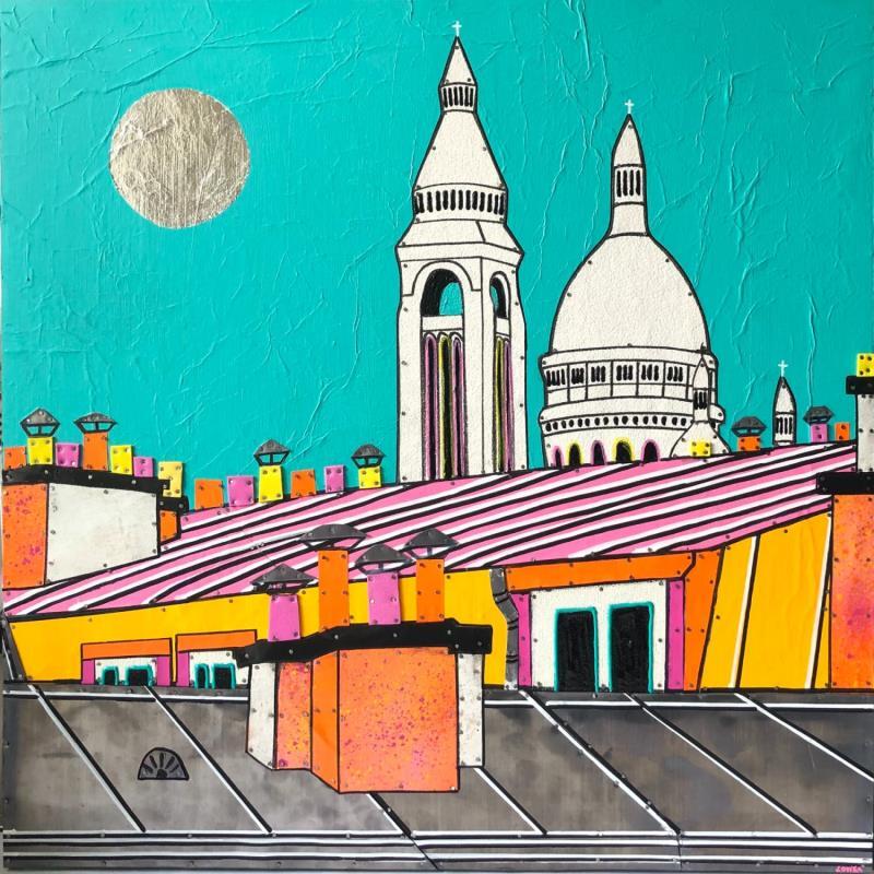 Painting Un Dimanche à Montmartre by Lovisa | Painting Pop-art Urban Wood Acrylic Gluing Posca Silver leaf Upcycling