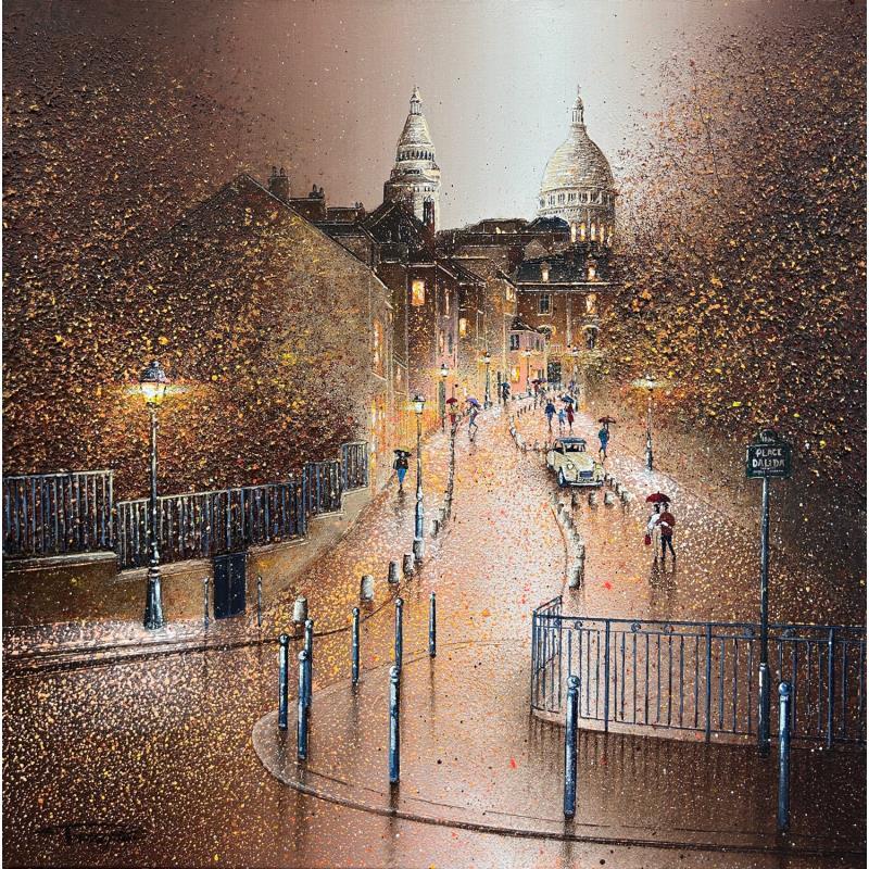 Peinture Romance sous la pluie Montmartroise par Dessapt Alan | Tableau Figuratif Acrylique, Huile Urbain
