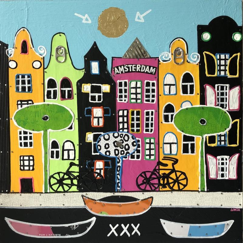 Peinture Amsterdam Lifestyle 2 par Lovisa | Tableau Pop-art Urbain Bois Métal Acrylique Collage Posca Feuille d'or Upcycling