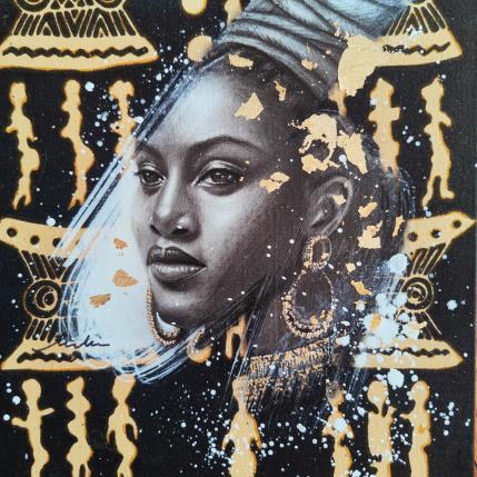 Peinture Talouna par Valade Leslie | Tableau Figuratif Acrylique, Feuille d'or, Fusain, Textile Portraits