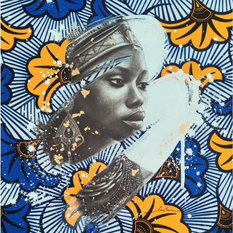 Gemälde Akima von Valade Leslie | Gemälde Figurativ Porträt Acryl Zeichenkohle Textil Blattgold