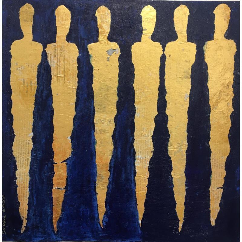 Gemälde Du bleu dans l'or von Rocco Sophie | Gemälde Art brut Minimalistisch Acryl Collage Sand
