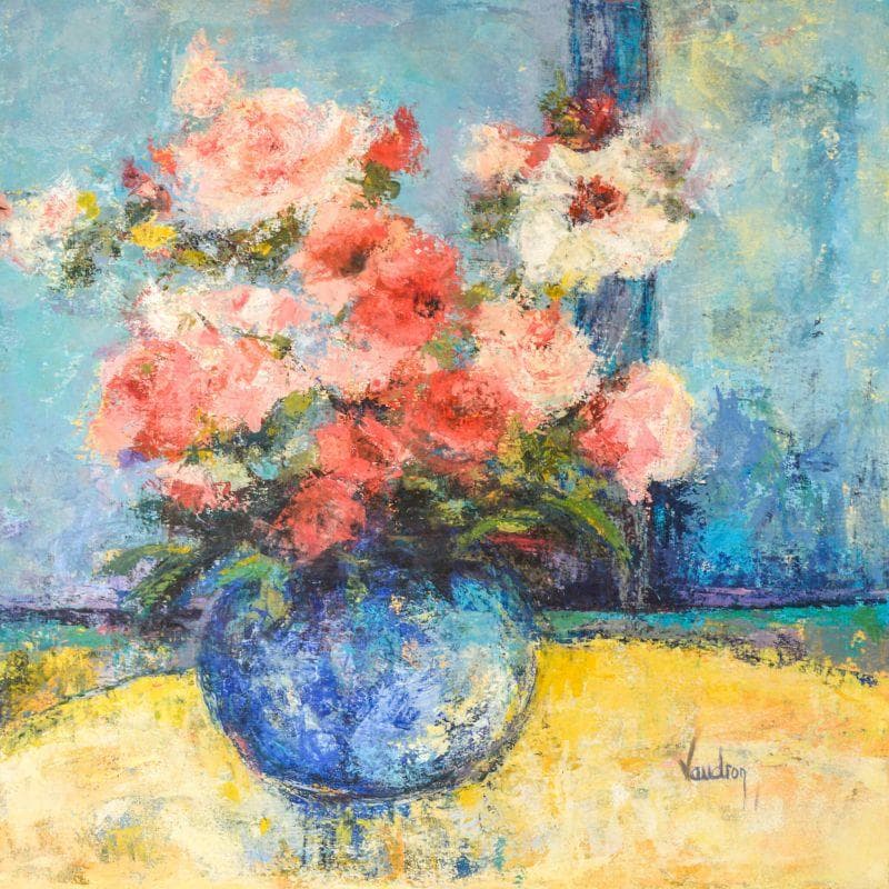 Peinture Bouquet au vase bleu par Vaudron | Tableau Figuratif Natures mortes