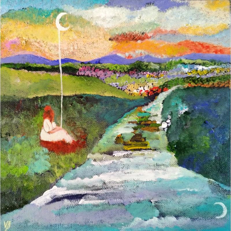 Painting Ce soir c est moi qui tiens la lune ! by Picini Victoria | Painting Figurative Acrylic, Gluing Landscapes, Life style, Pop icons