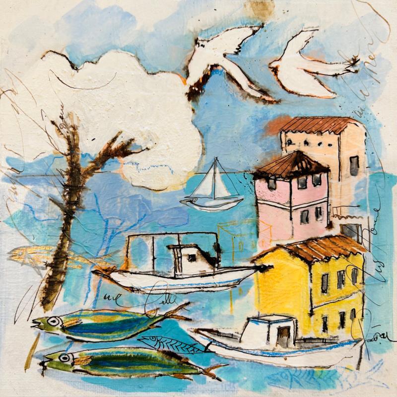 Painting Escales sur mer by Colombo Cécile | Painting Figurative Acrylic, Gluing, Ink, Pastel, Watercolor Landscapes, Marine, Nature, Pop icons
