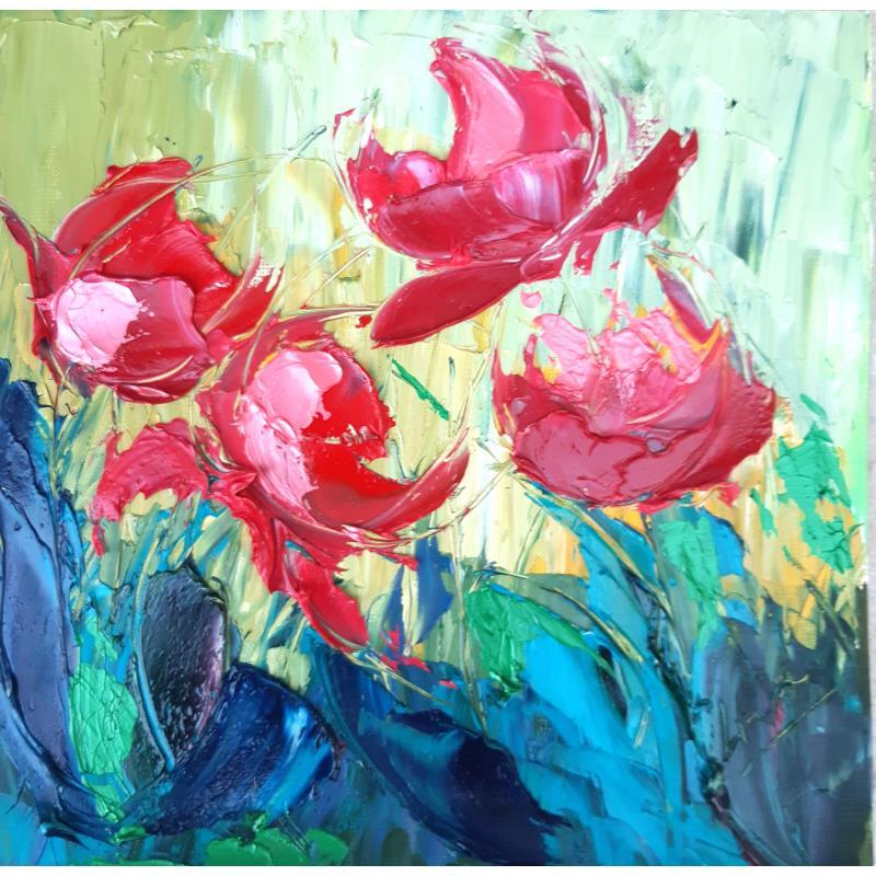Painting SKYLINE RED TULIP 100923 by Laura Rose | Painting Figurative Oil still-life