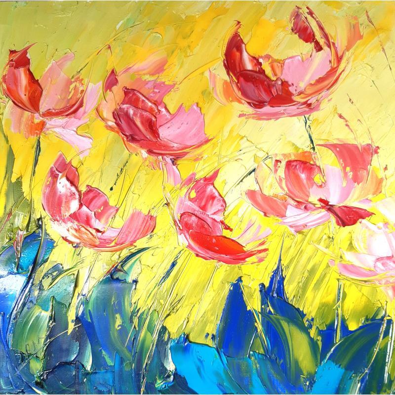 Painting SKYLINE PINK TULIP 100923 by Laura Rose | Painting Figurative Oil still-life