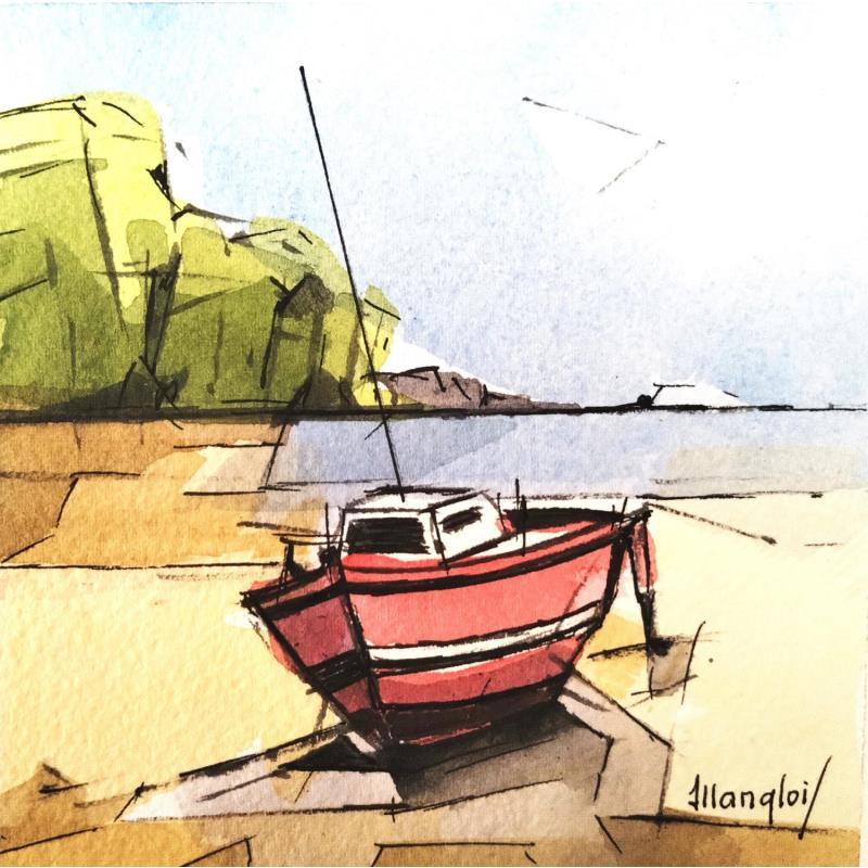 Peinture Bateau à marée basse  par Langlois Jean-Luc | Tableau Figuratif Aquarelle Marine