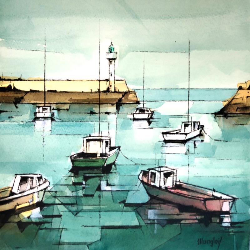 Painting Dans le port 2 by Langlois Jean-Luc | Painting Figurative Watercolor Marine