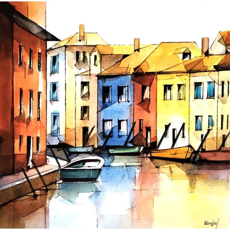 Painting A Burano by Langlois Jean-Luc | Painting Figurative Marine Watercolor