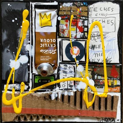 Gemälde Tribute to Basquiat von Costa Sophie | Gemälde Pop-Art Acryl, Collage, Upcycling Pop-Ikonen