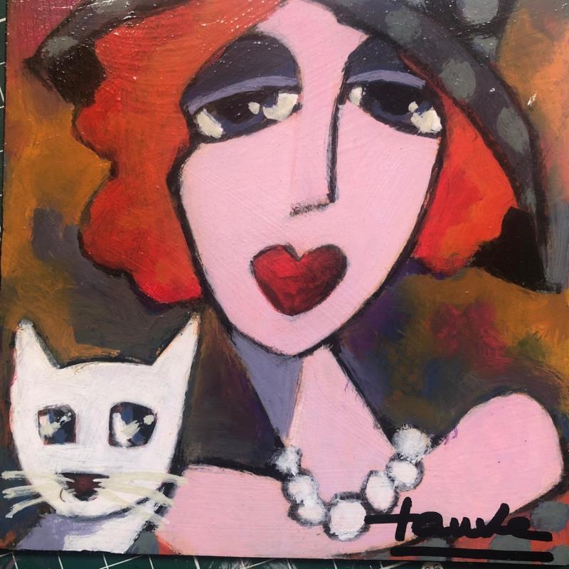 Peinture Madame et son chat  par Fauve | Tableau Figuratif Scènes de vie Acrylique