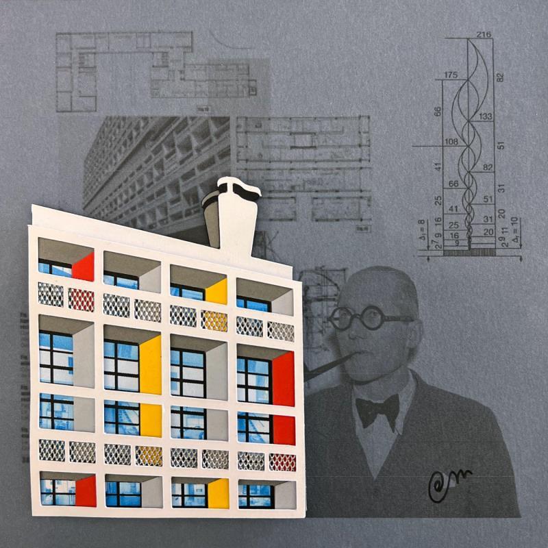 Painting Unité d'habitation - portrait le Corbusier - gris by Marek | Painting Subject matter Acrylic, Gluing, Upcycling Architecture, Minimalist, Pop icons, Urban