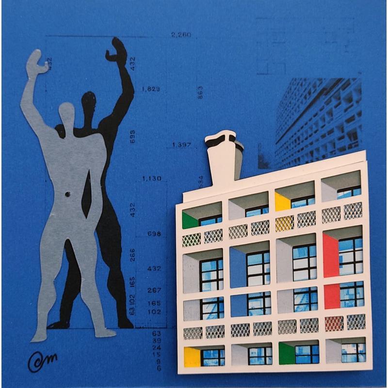 Painting Unité d'habitation le Corbusier - bleu - le Modulor by Marek | Painting Subject matter Acrylic, Cardboard, Gluing, Upcycling Architecture, Minimalist, Pop icons, Urban