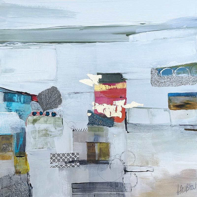 Painting Brume sur les champs by Lau Blou | Painting Abstract Acrylic, Cardboard, Gluing, Gold leaf, Paper Landscapes