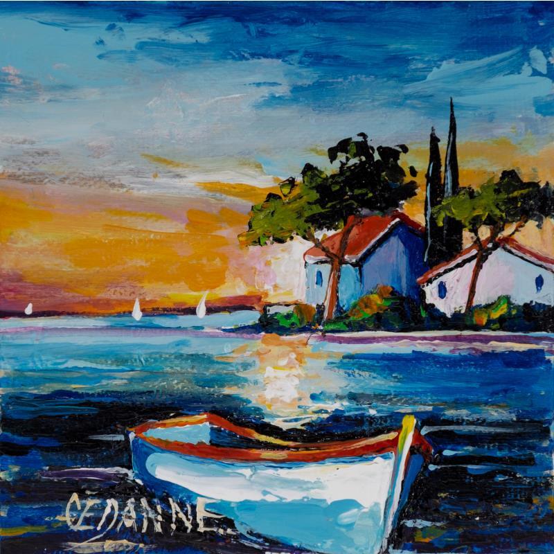 Gemälde Coucher de soleil sur la barque von Cédanne | Gemälde Figurativ Landschaften Marine Öl Acryl