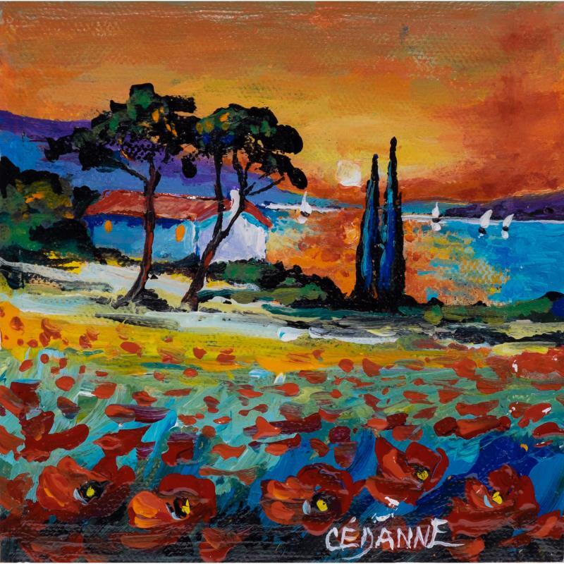 Gemälde Coucher de soleil aux deux cyprès von Cédanne | Gemälde Figurativ Landschaften Öl