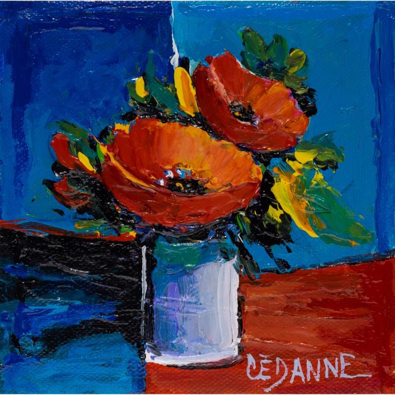 Gemälde Coquelicots au vase blanc von Cédanne | Gemälde Figurativ Acryl, Öl Stillleben