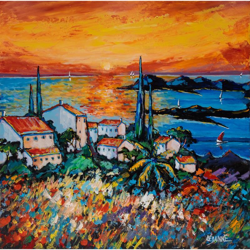 Painting Coucher de soleil sur les hauteurs du village by Cédanne | Painting Figurative Acrylic, Oil Landscapes