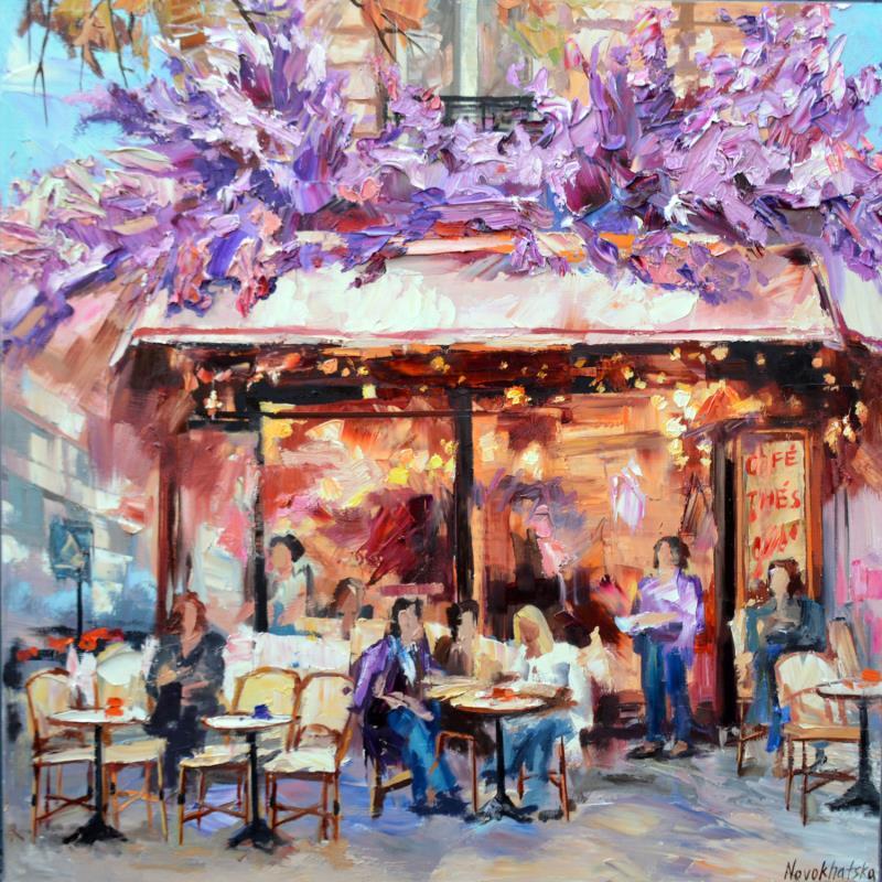 Painting Café aux fleurs violettes  by Novokhatska Olga | Painting Figurative Oil Urban
