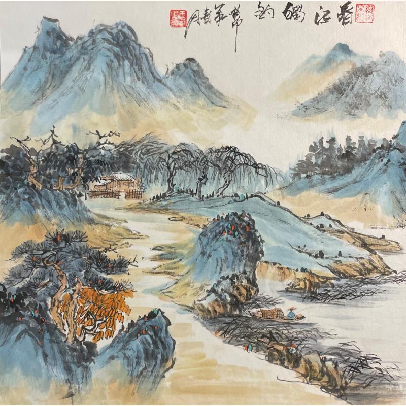 Painting Spring lake fishing  by Yu Huan Huan | Painting Figurative Landscapes Nature Ink
