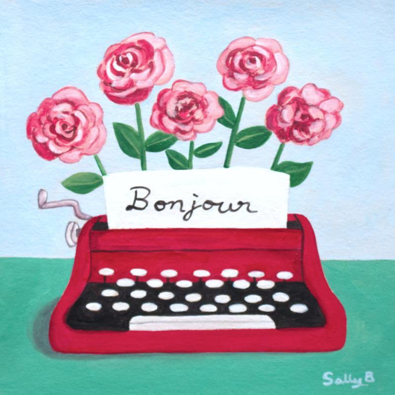 Peinture Bonjour machine à écrire par Sally B | Tableau Art naïf Acrylique Natures mortes