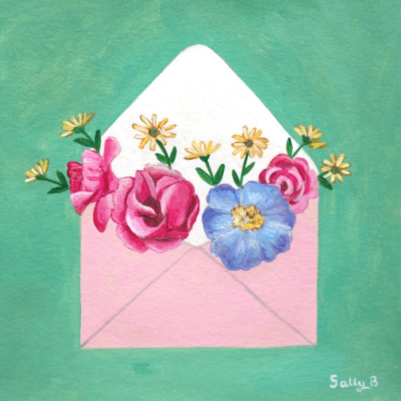 Peinture Enveloppe fleurs par Sally B | Tableau Art naïf Natures mortes Acrylique