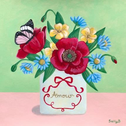 Gemälde Amour fleurs avec papillon von Sally B | Gemälde Naive Kunst Acryl Pop-Ikonen, Stillleben